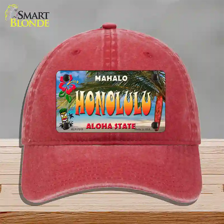 Honolulu Hawaii State Novelty License Plate Hat Unconstructed Cotton / Red