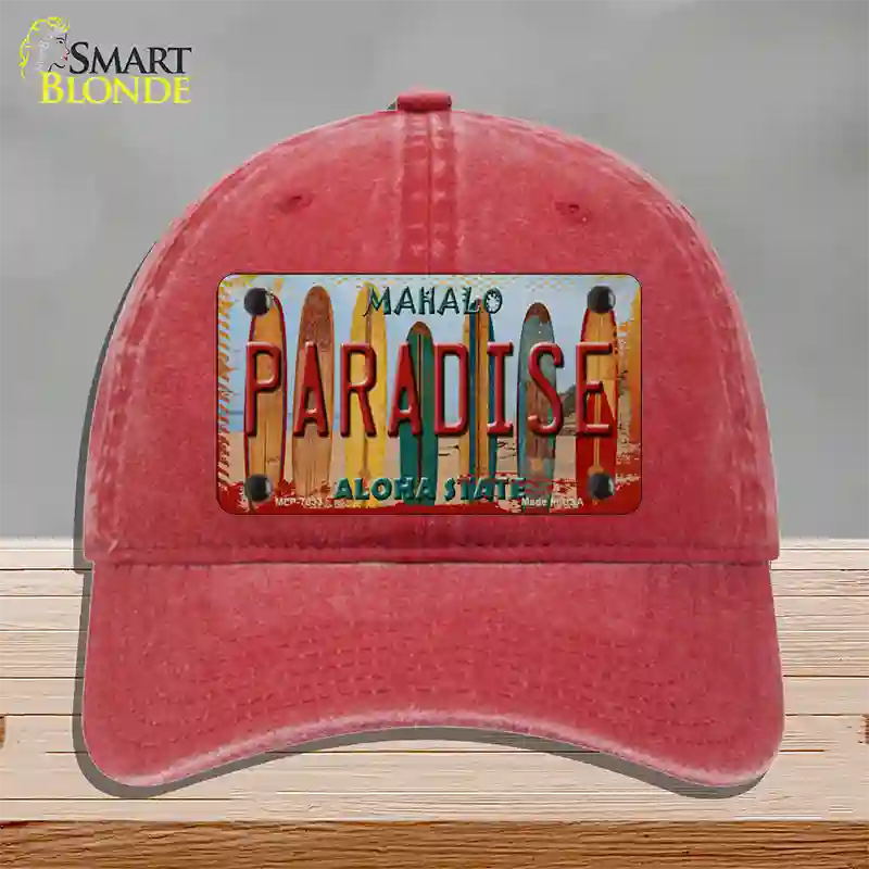 Paradise Surfboards Hawaii State Novelty License Plate Hat Unconstructed Cotton / Red