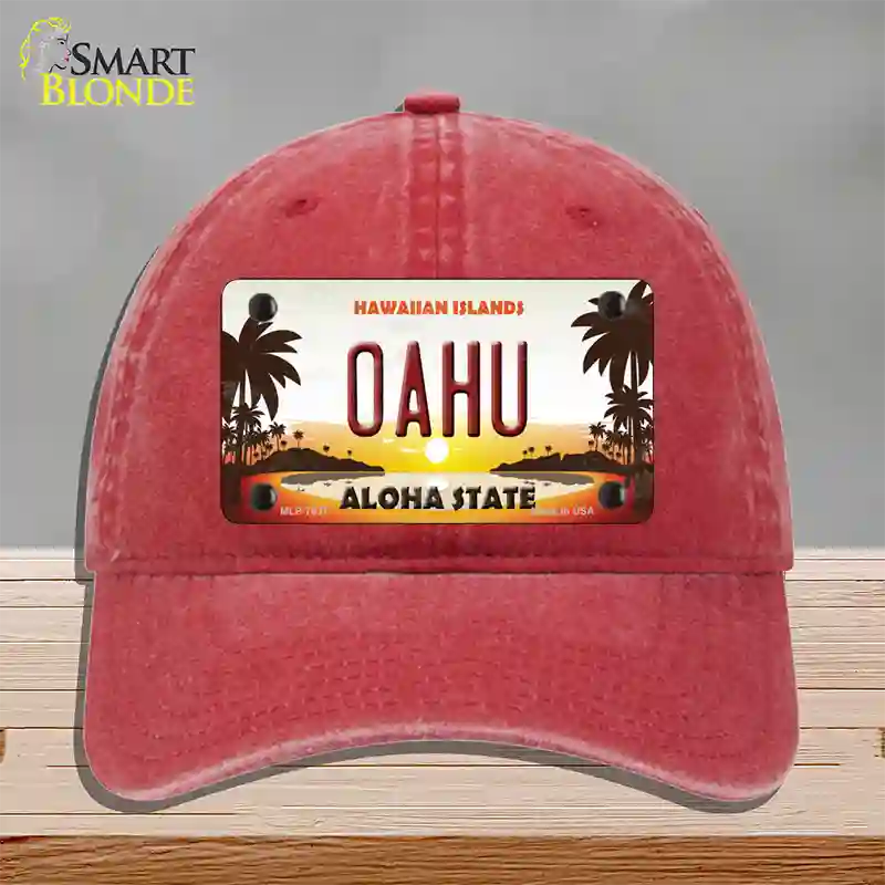 Oahu Hawaiian Islands Novelty License Plate Hat Unconstructed Cotton / Red