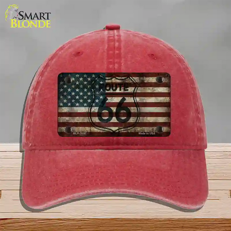 Route 66 American Flag Transparent Novelty License Plate Hat Unconstructed Cotton / Red