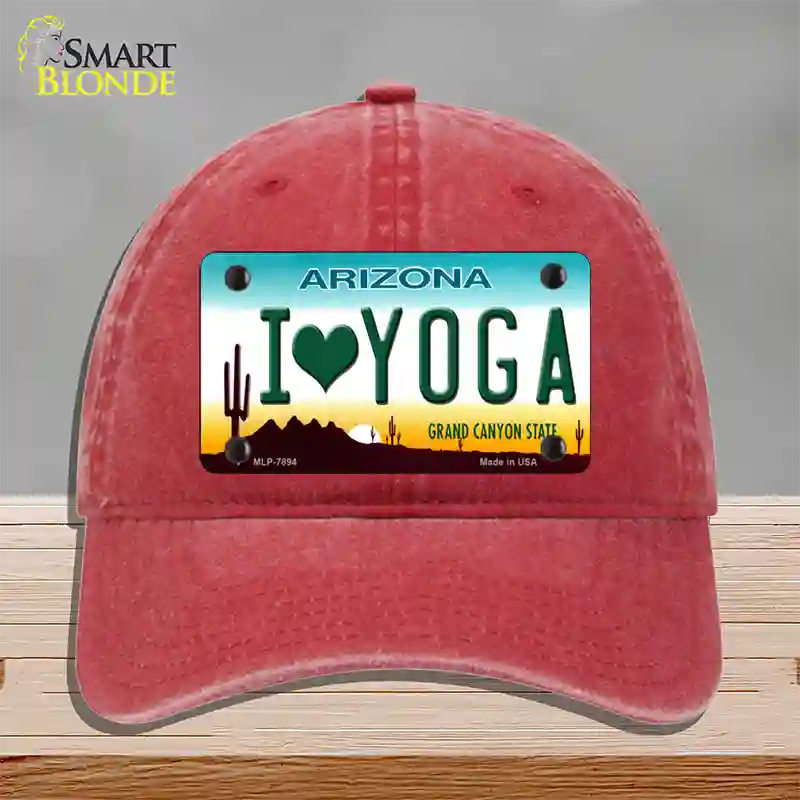 I Love Yoga Novelty License Plate Hat Unconstructed Cotton / Red