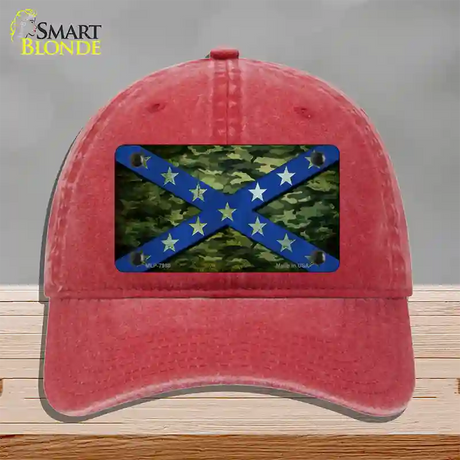 Confederate Stripes Blue Camo Novelty License Plate Hat Unconstructed Cotton / Red