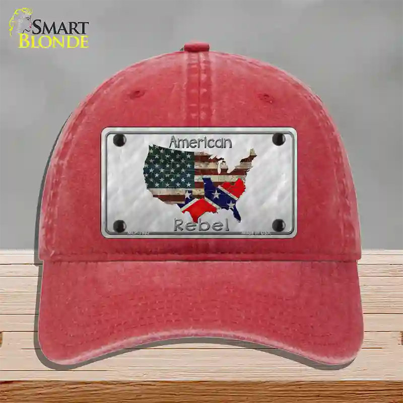 American Rebel Map Novelty License Plate Hat Unconstructed Cotton / Red