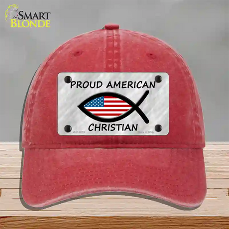 Proud American Christian Novelty License Plate Hat Unconstructed Cotton / Red