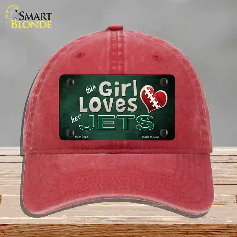 This Girl Loves Her Jets Novelty License Plate Hat Unconstructed Cotton / Red