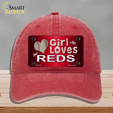 This Girl Loves Her Reds Novelty License Plate Hat Unconstructed Cotton / Red