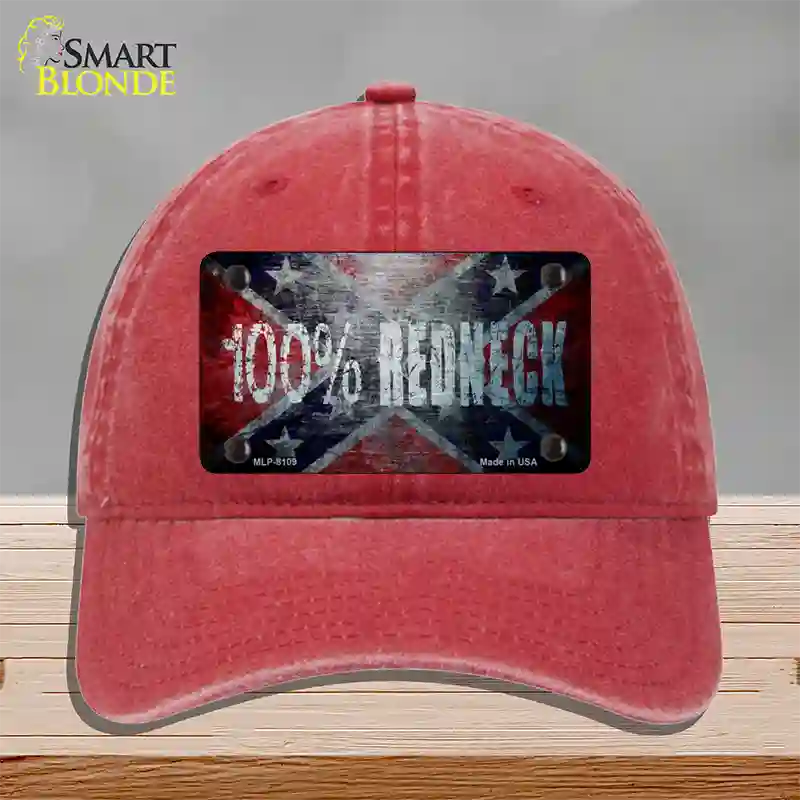 100% Redneck Confederate Novelty License Plate Hat Unconstructed Cotton / Red