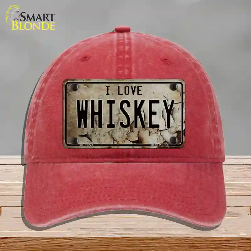 I Love Whiskey Novelty License Plate Hat Unconstructed Cotton / Red