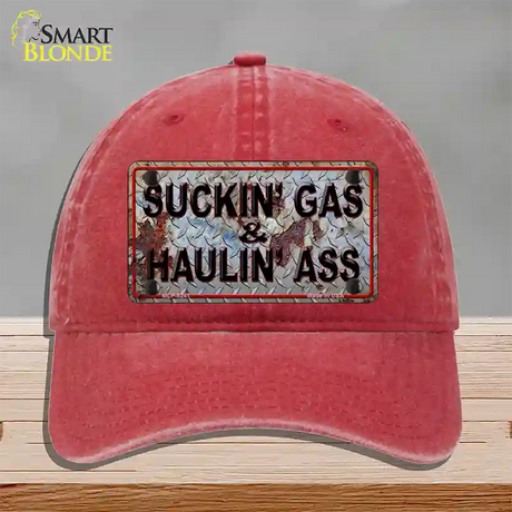 Suckin Gas Haulin Ass Vintage Novelty License Plate Hat Unconstructed Cotton / Red