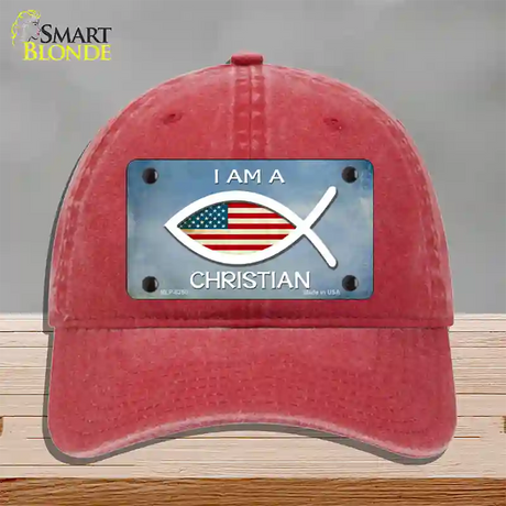 I Am A Christian Novelty License Plate Hat Unconstructed Cotton / Red