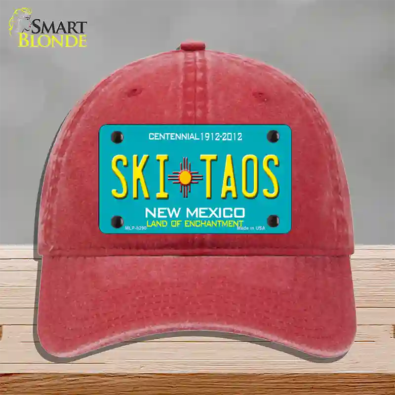 Ski Taos Teal New Mexico Novelty License Plate Hat Unconstructed Cotton / Red