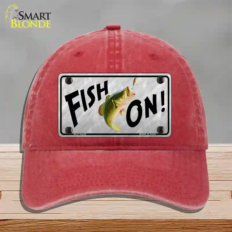 Fish On Novelty License Plate Hat Unconstructed Cotton / Red