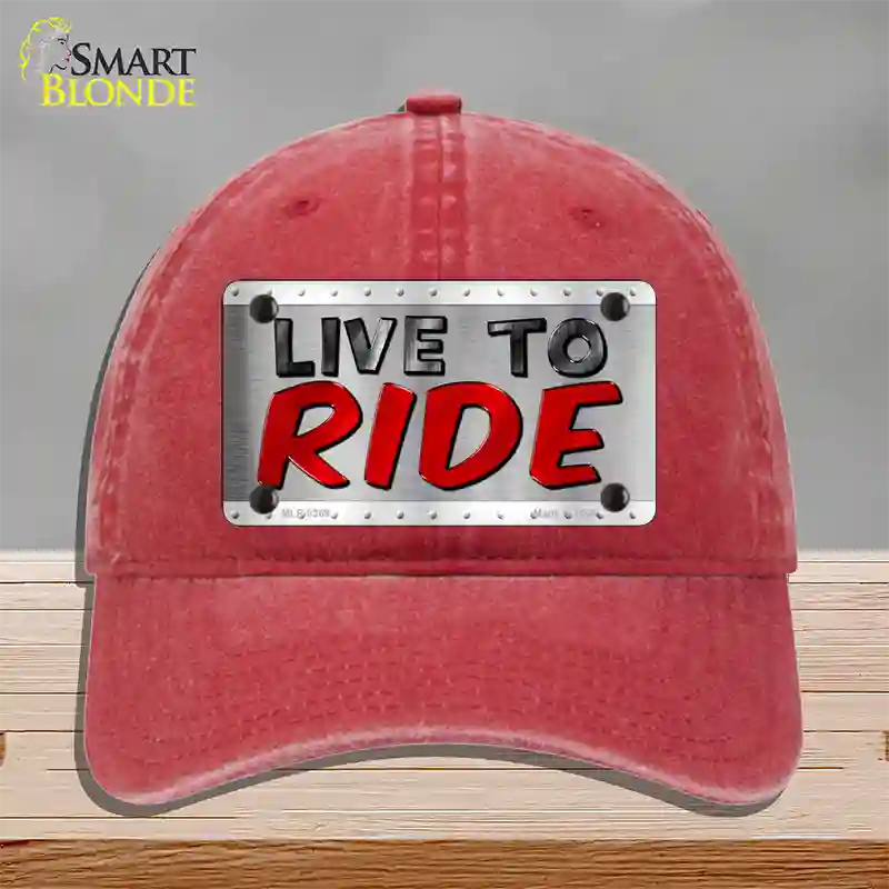 Live To Ride Shiny Novelty License Plate Hat Unconstructed Cotton / Red