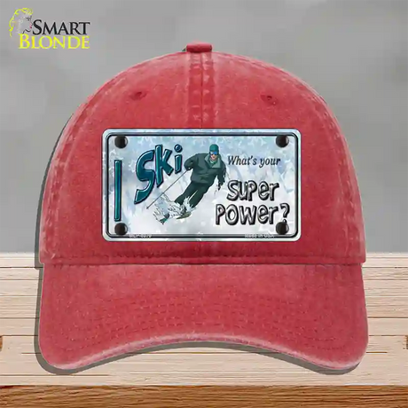 I Ski What's Your Super Power Male Novelty License Plate Hat Unconstructed Cotton / Red