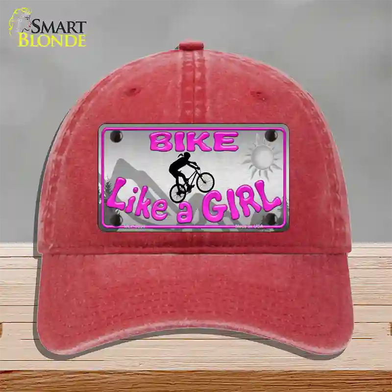 Bike Like A Girl Novelty License Plate Hat Unconstructed Cotton / Red