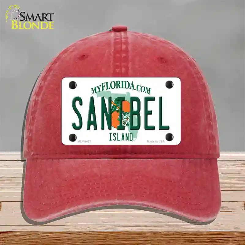 Sanibel Florida Novelty License Plate Hat Unconstructed Cotton / Red