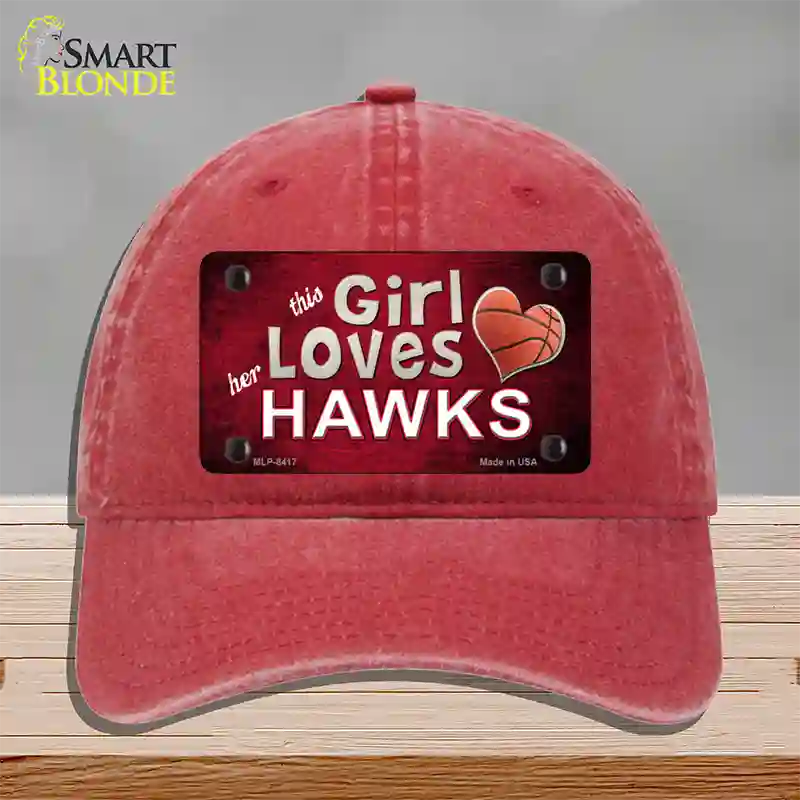 This Girl Loves Her Hawks Novelty License Plate Hat Unconstructed Cotton / Red