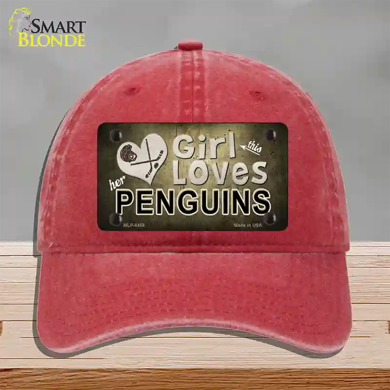 This Girl Loves Her Penguins Novelty License Plate Hat Unconstructed Cotton / Red