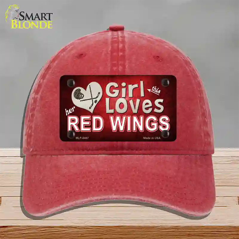 This Girl Loves Her Red Wings Novelty License Plate Hat Unconstructed Cotton / Red