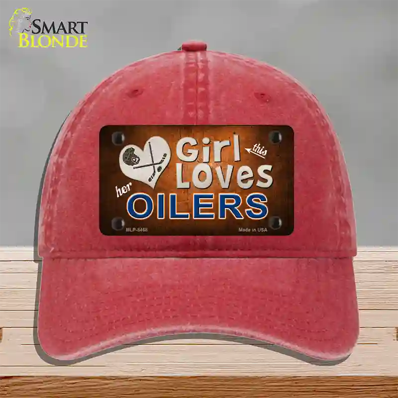 This Girl Loves Her Oilers Novelty License Plate Hat Unconstructed Cotton / Red