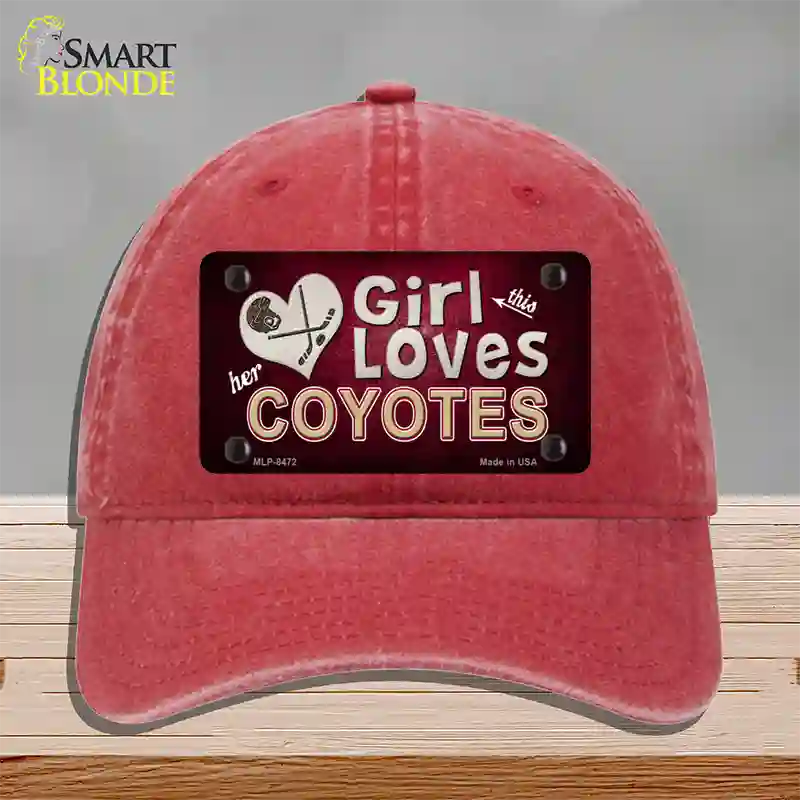 This Girl Loves Her Coyotes Novelty License Plate Hat Unconstructed Cotton / Red