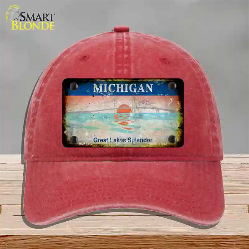 Michigan Rusty State Novelty License Plate Hat Unconstructed Cotton / Red