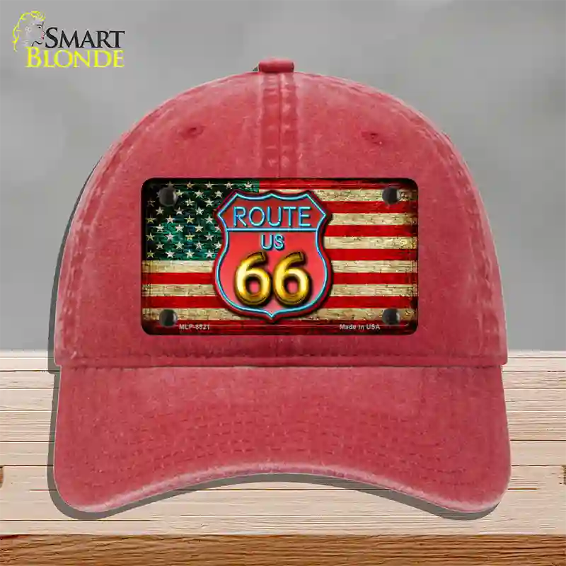 American Route 66 Neon Novelty License Plate Hat Unconstructed Cotton / Red