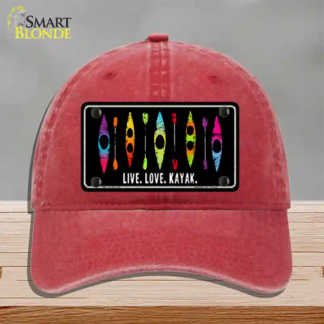 Live Love Kayak Novelty License Plate Hat Unconstructed Cotton / Red