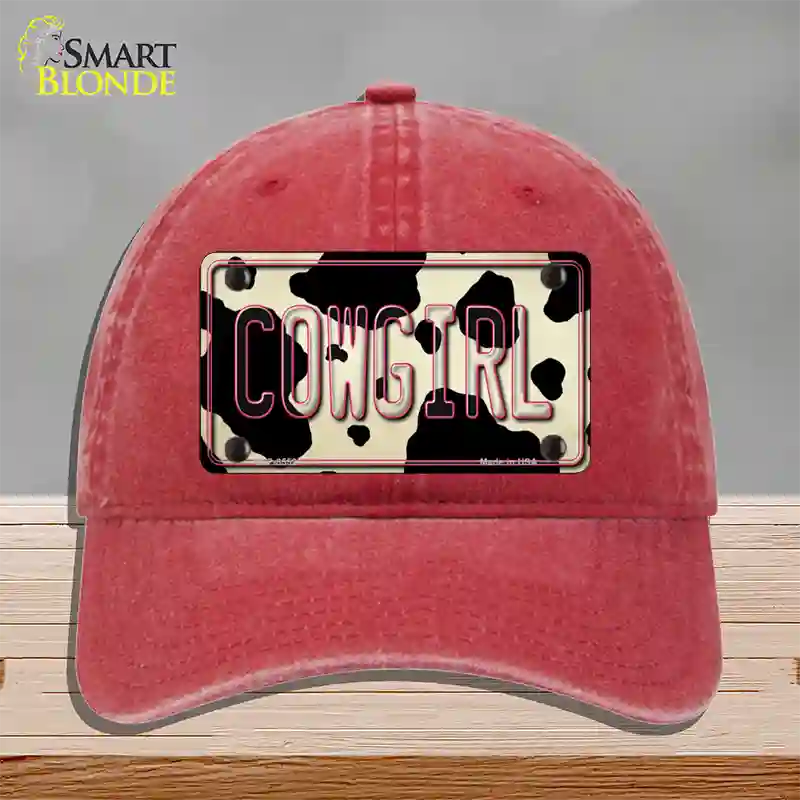 Cowgirl Cow Novelty License Plate Hat Unconstructed Cotton / Red