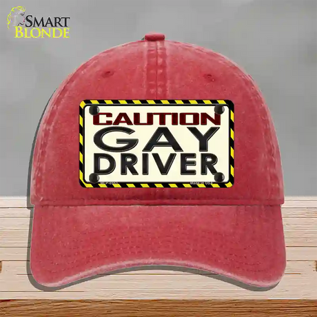 Caution Gay Driver Novelty License Plate Hat Unconstructed Cotton / Red