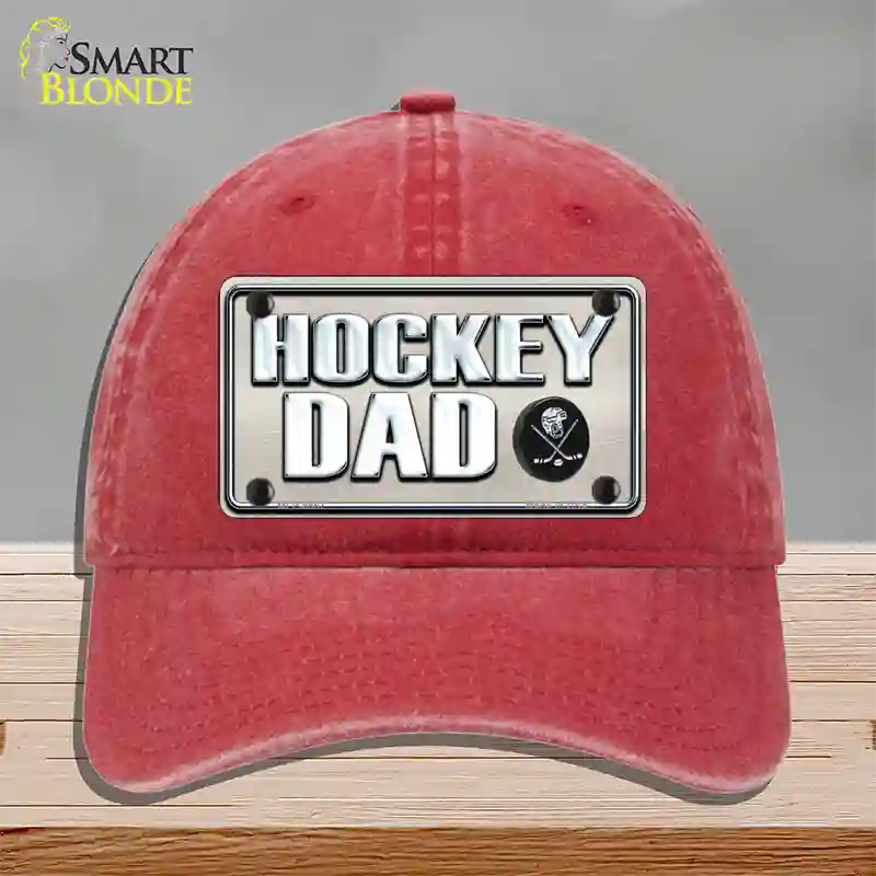 Hockey Dad Novelty License Plate Hat Unconstructed Cotton / Red