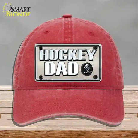 Hockey Dad Novelty License Plate Hat Unconstructed Cotton / Red