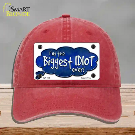 Biggest Idiot Novelty License Plate Hat Unconstructed Cotton / Red