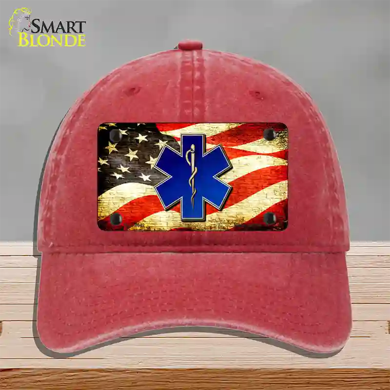 EMT Logo With USA Flag Novelty License Plate Hat Unconstructed Cotton / Red