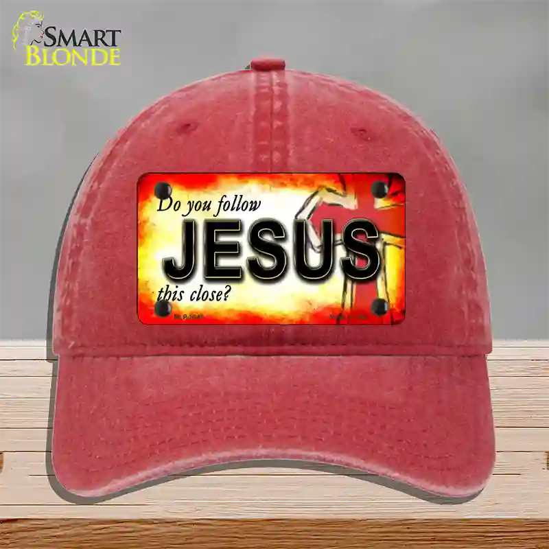 Follow Jesus This Close Novelty License Plate Hat Unconstructed Cotton / Red