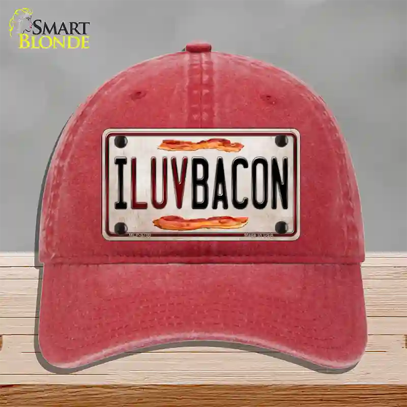 I Luv Bacon Novelty License Plate Hat Unconstructed Cotton / Red