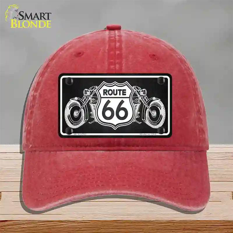 Route 66 With Bikes Novelty License Plate Hat Unconstructed Cotton / Red