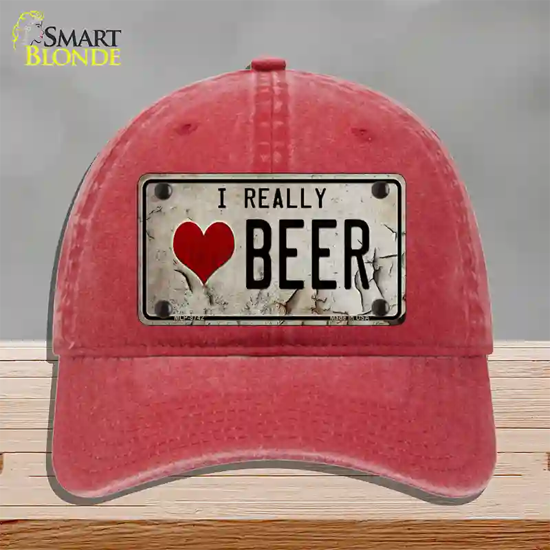 I Love Beer Novelty License Plate Hat Unconstructed Cotton / Red