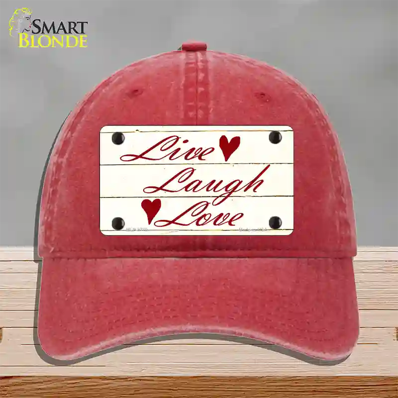 Live, Laugh, Love Novelty License Plate Hat Unconstructed Cotton / Red