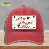 Live, Laugh, Love Novelty License Plate Hat Unconstructed Cotton / Red