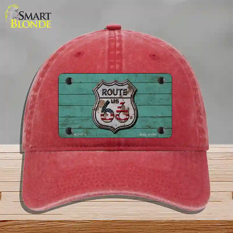 Route 66 Rusty On Wood Novelty License Plate Hat Unconstructed Cotton / Red