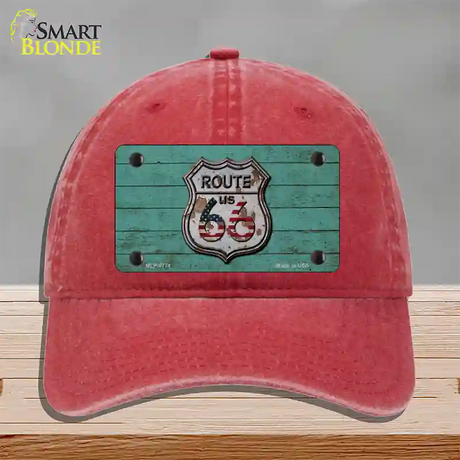 Route 66 Rusty On Wood Novelty License Plate Hat Unconstructed Cotton / Red