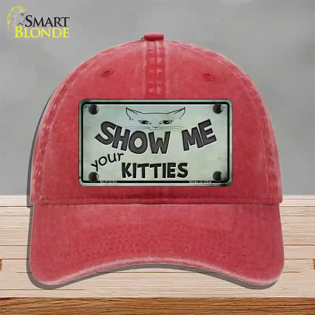 Show Me Your Kitties Novelty License Plate Hat Unconstructed Cotton / Red