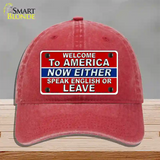 Speak English Or Leave Novelty License Plate Hat Unconstructed Cotton / Red