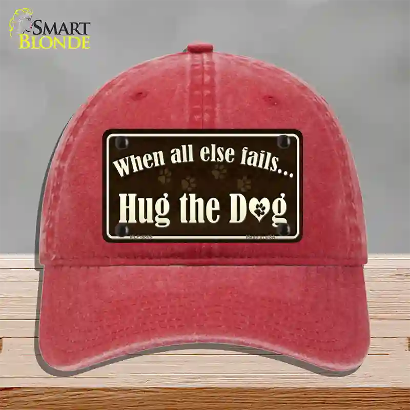 Hug The Dog Novelty License Plate Hat Unconstructed Cotton / Red