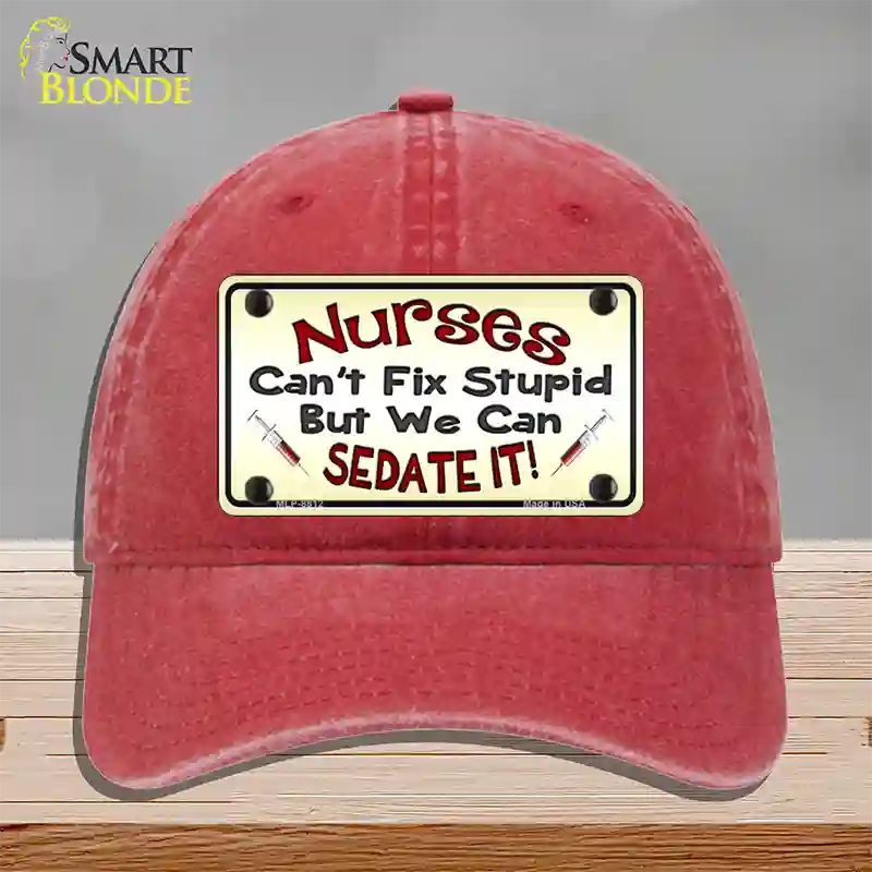 Nurses Sedate It Novelty License Plate Hat Unconstructed Cotton / Red