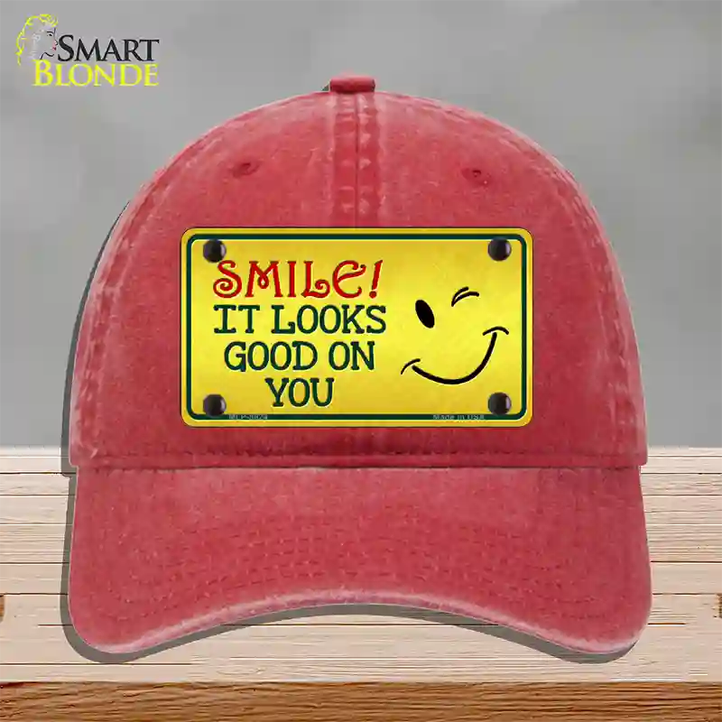 Smile Looks Good Novelty License Plate Hat Unconstructed Cotton / Red