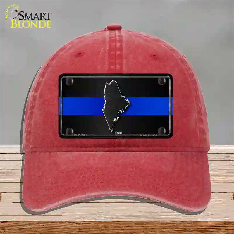 Maine Thin Blue Line Novelty License Plate Hat Unconstructed Cotton / Red