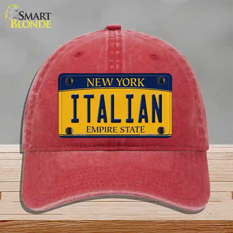 Italian Yellow New York Novelty License Plate Hat Unconstructed Cotton / Red