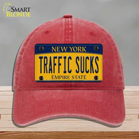 Traffic Sucks New York Novelty License Plate Hat Unconstructed Cotton / Red